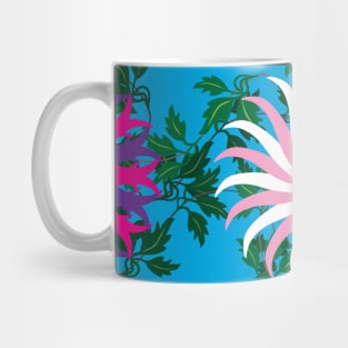 White and Pink, Cerise and Purple Flowers on a Vine Leaf and Vibrant Blue background Mug